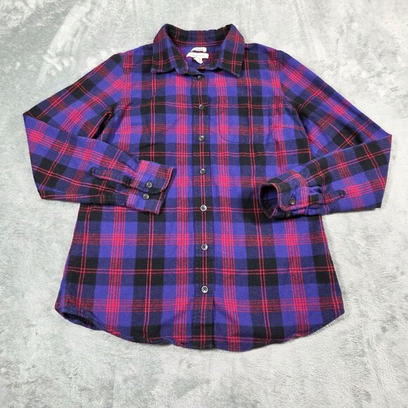 LL Bean Top Womens Small Purple Scotch Plaid Slightly Fitted Button Up Flannel - Picture 1 of 6